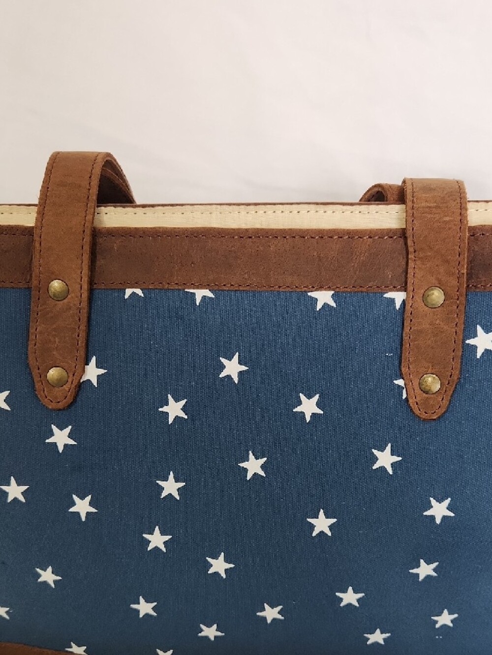 Womens Carry Tote Navy Blue White Star Brown Suede Leather Accents NWOT - Picture 7 of 12
